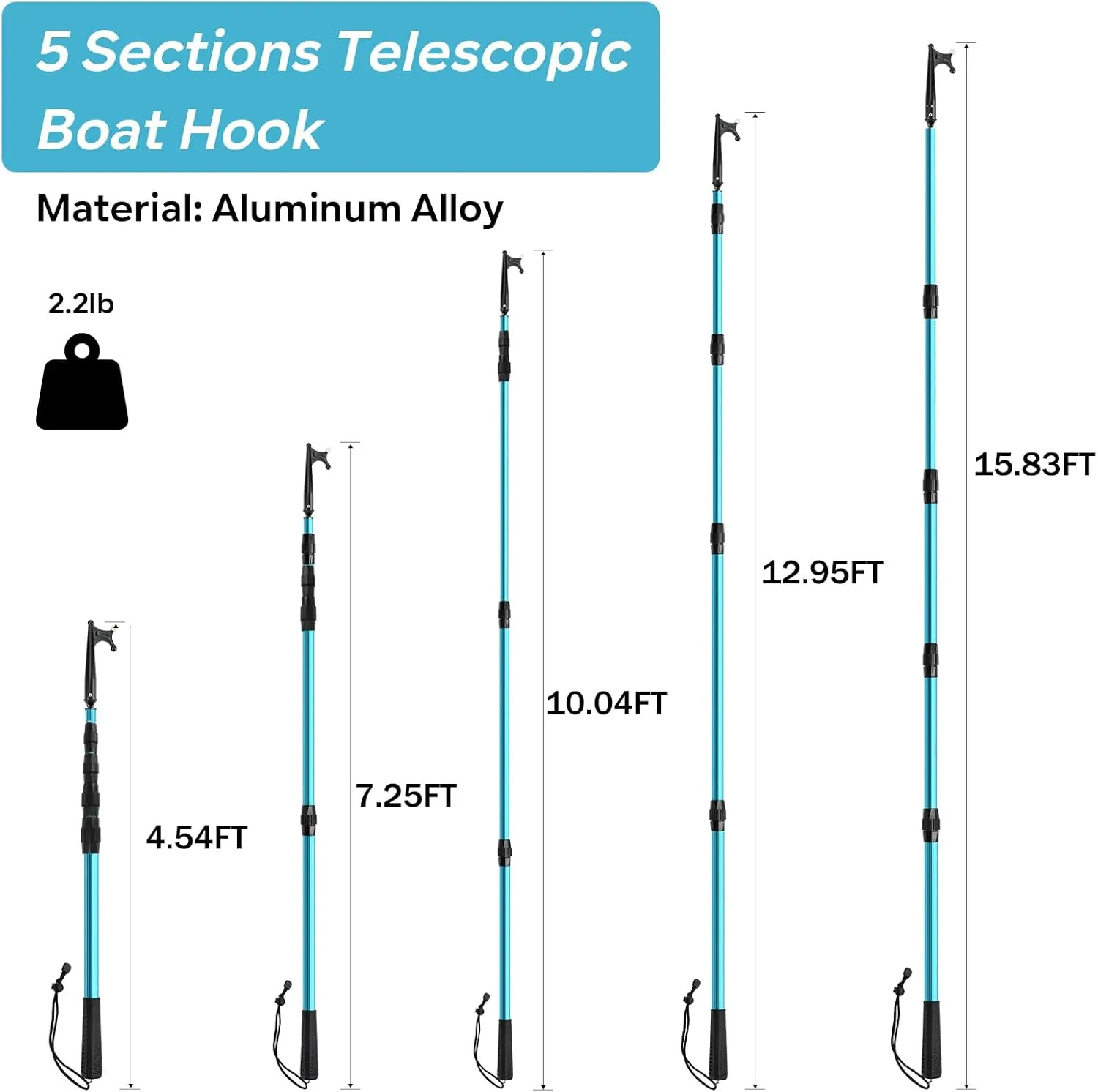 KOMCLUB Telescopic Boat Hook for Docking Extension Pole Hook Push Stick for Boat Non-Slip Rubber Handle Durable Rust-Resistant Rust-Proof Multi-Function Replaceable Head Push Pole