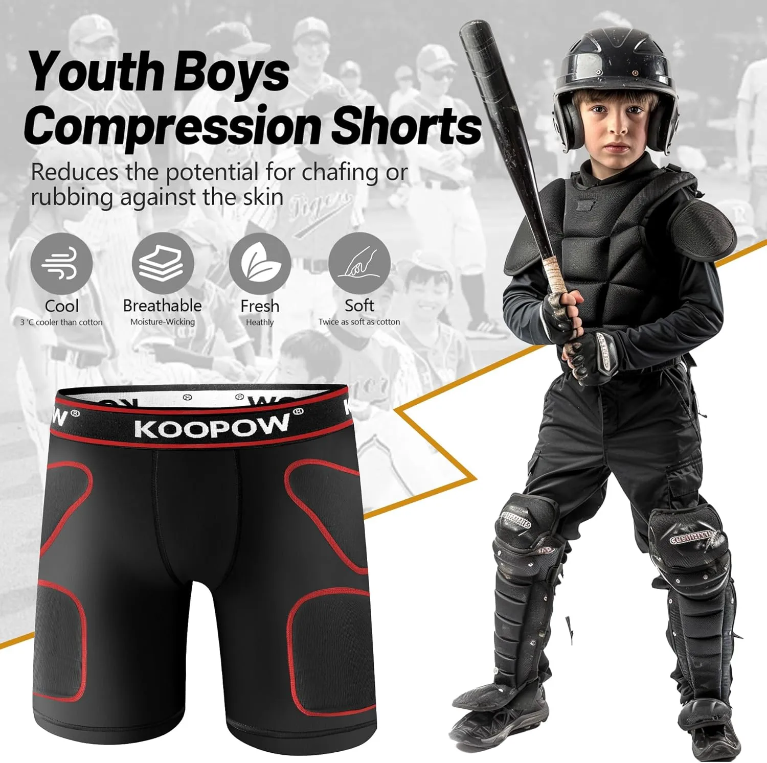 KOOPOW Youth Boys Padded Sliding Shorts Slider Pad with Soft Protective Athletic Cup for Baseball, Football, Lacrosse