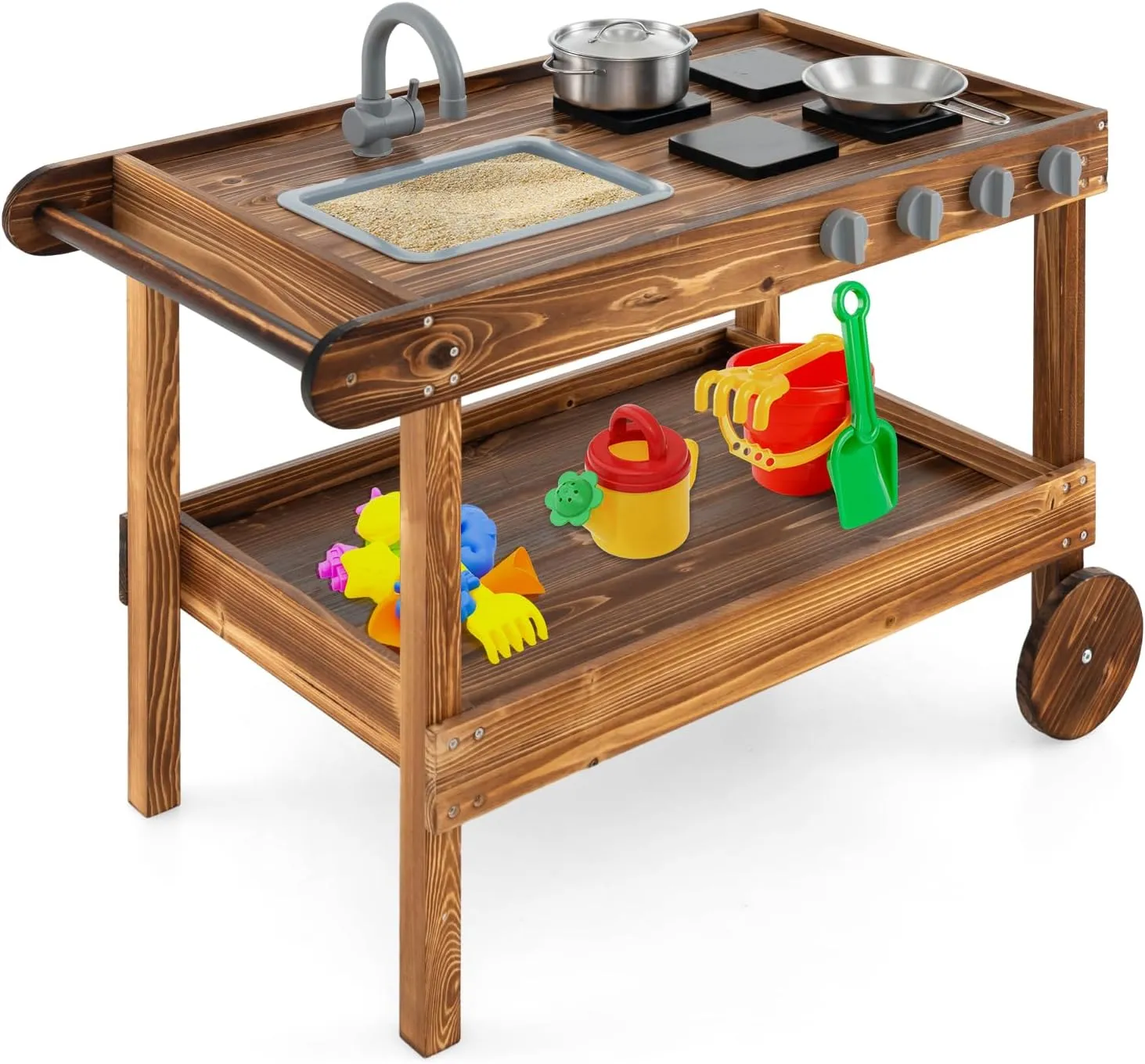 KOTEK Mud Kitchen with Wheels, Toddler Wooden Rolling Mud Table with Sink, Faucet, 4 Stoves, Accessories, Storage Shelf, Portable Mud Kitchen for Kids Outdoor