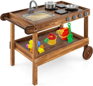 KOTEK Mud Kitchen with Wheels, Toddler Wooden Rolling Mud Table with Sink, Faucet, 4 Stoves, Accessories, Storage Shelf, Portable Mud Kitchen for Kids Outdoor