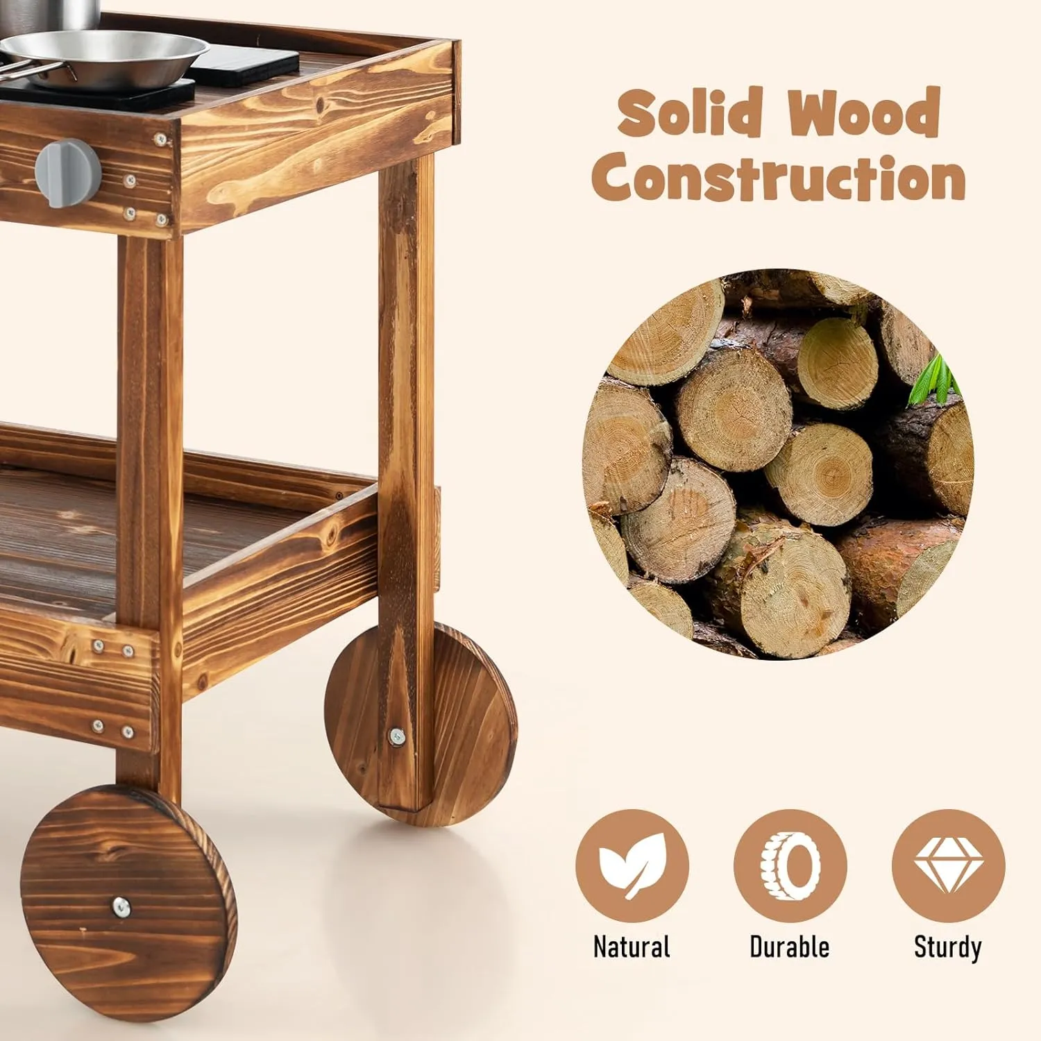 KOTEK Mud Kitchen with Wheels, Toddler Wooden Rolling Mud Table with Sink, Faucet, 4 Stoves, Accessories, Storage Shelf, Portable Mud Kitchen for Kids Outdoor