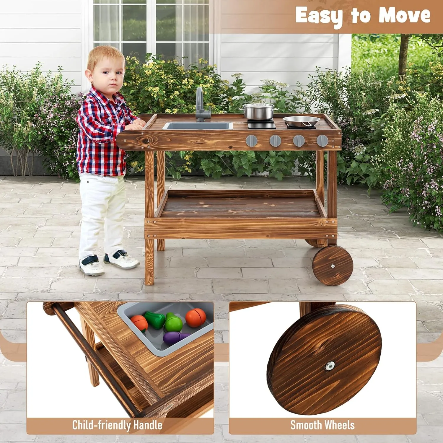 KOTEK Mud Kitchen with Wheels, Toddler Wooden Rolling Mud Table with Sink, Faucet, 4 Stoves, Accessories, Storage Shelf, Portable Mud Kitchen for Kids Outdoor