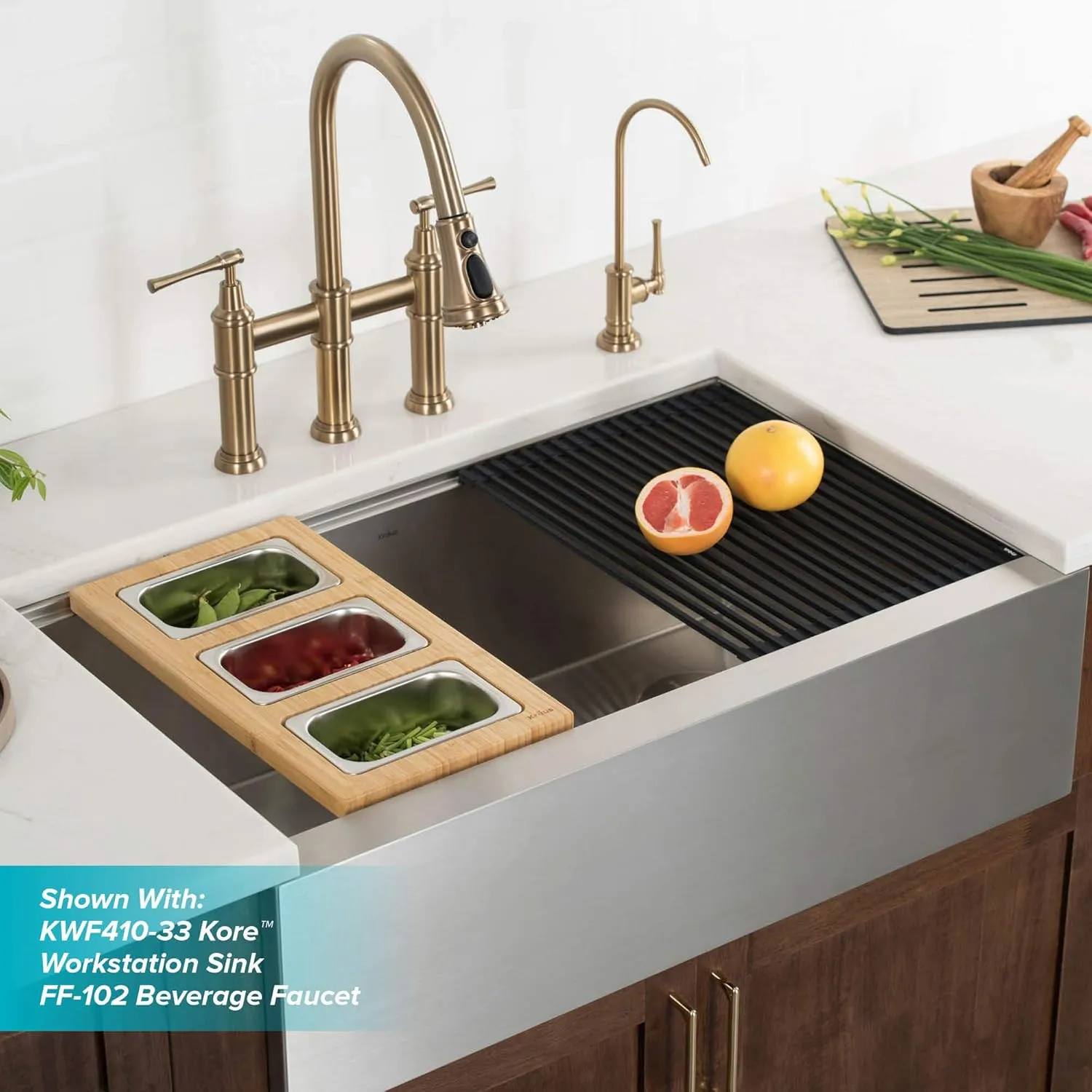 KRAUS Allyn Transitional Bridge Kitchen Faucet with Pull-Down Sprayhead in Brushed Gold, KPF-3121BG
