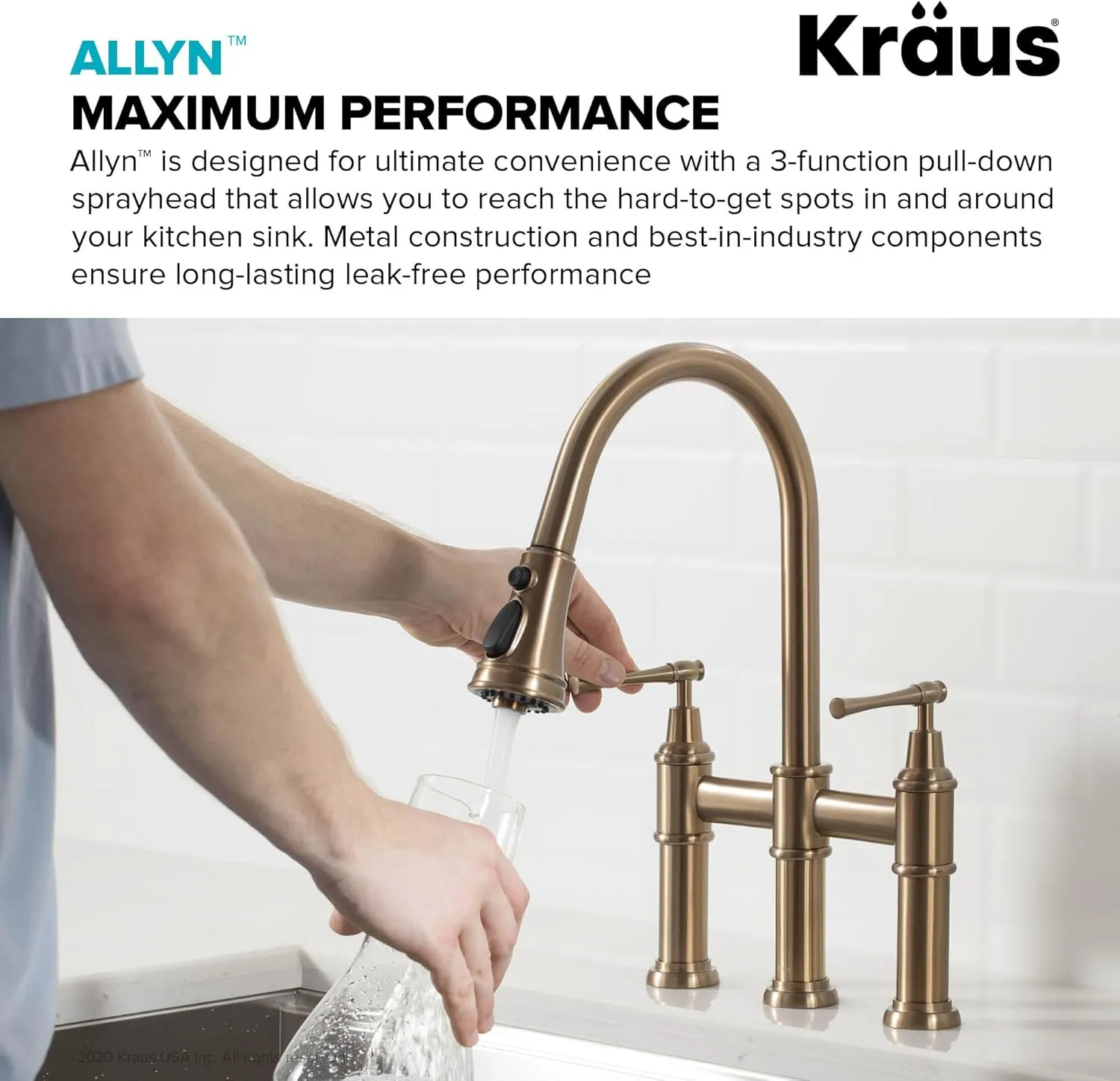 KRAUS Allyn Transitional Bridge Kitchen Faucet with Pull-Down Sprayhead in Brushed Gold, KPF-3121BG
