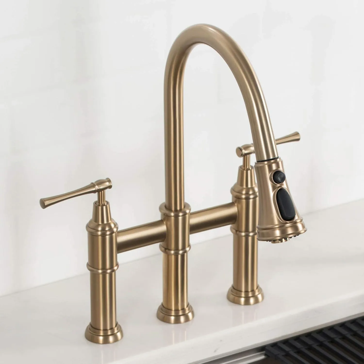 KRAUS Allyn Transitional Bridge Kitchen Faucet with Pull-Down Sprayhead in Brushed Gold, KPF-3121BG