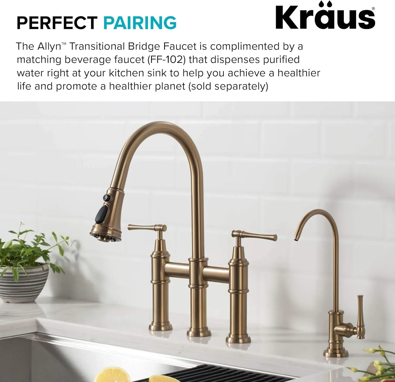 KRAUS Allyn Transitional Bridge Kitchen Faucet with Pull-Down Sprayhead in Brushed Gold, KPF-3121BG