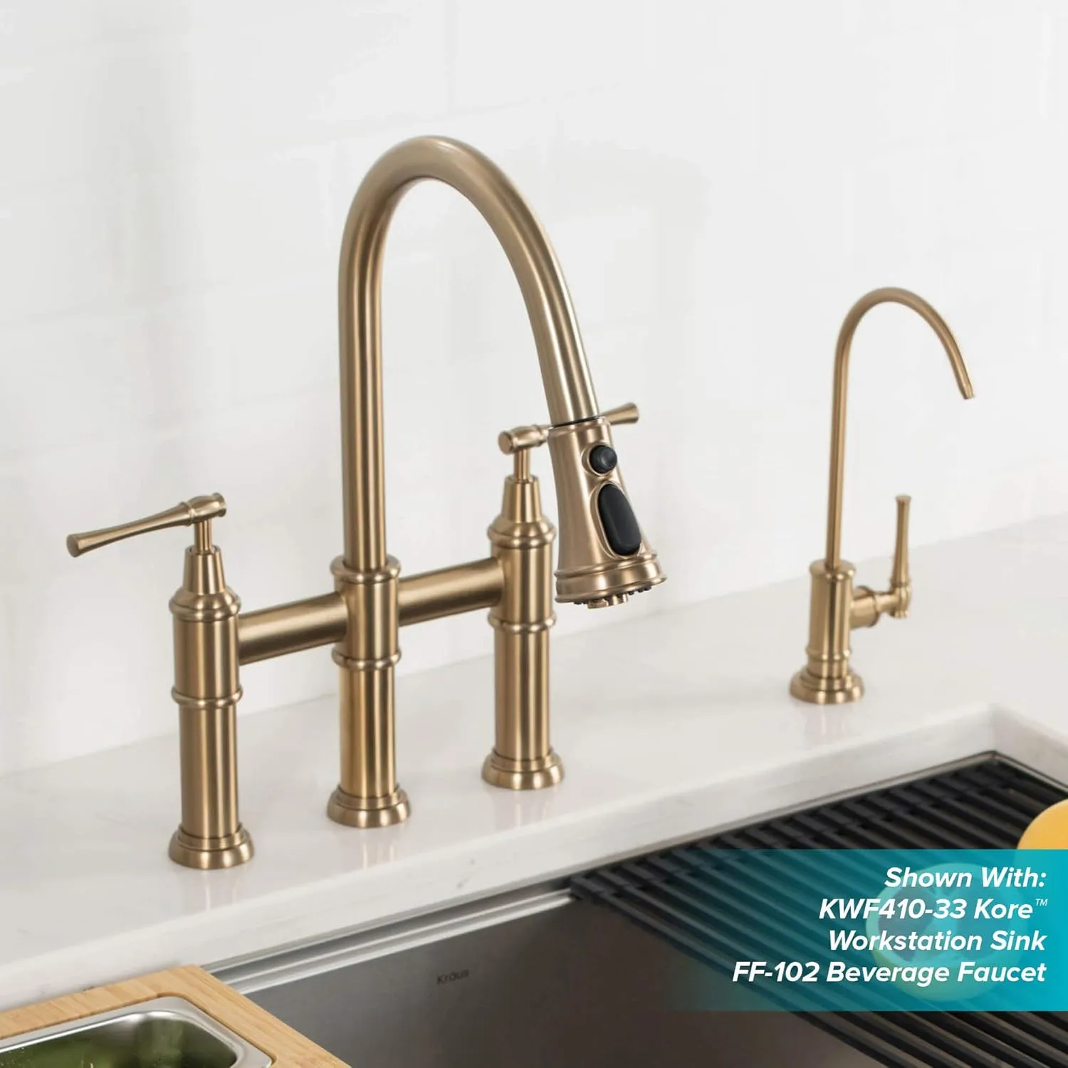KRAUS Allyn Transitional Bridge Kitchen Faucet with Pull-Down Sprayhead in Brushed Gold, KPF-3121BG