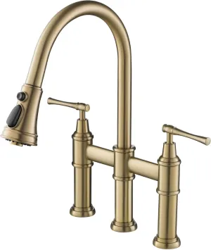 KRAUS Allyn Transitional Bridge Kitchen Faucet with Pull-Down Sprayhead in Brushed Gold, KPF-3121BG