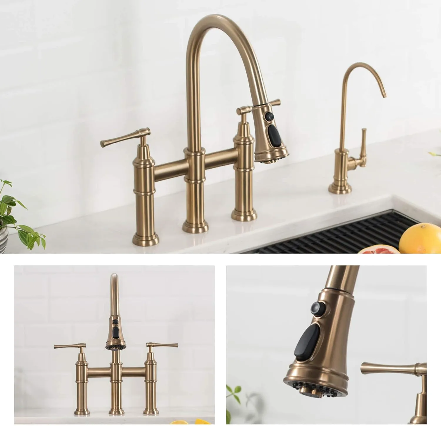 KRAUS Allyn Transitional Bridge Kitchen Faucet with Pull-Down Sprayhead in Brushed Gold, KPF-3121BG
