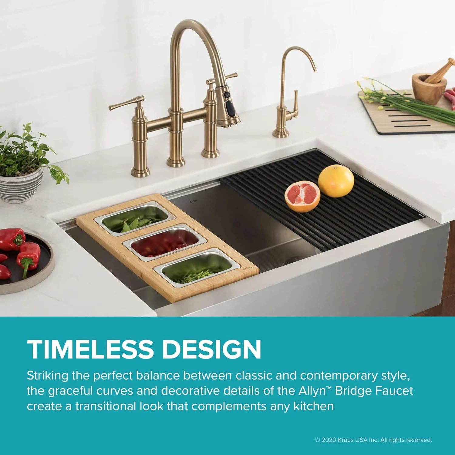 KRAUS Allyn Transitional Bridge Kitchen Faucet with Pull-Down Sprayhead in Brushed Gold, KPF-3121BG