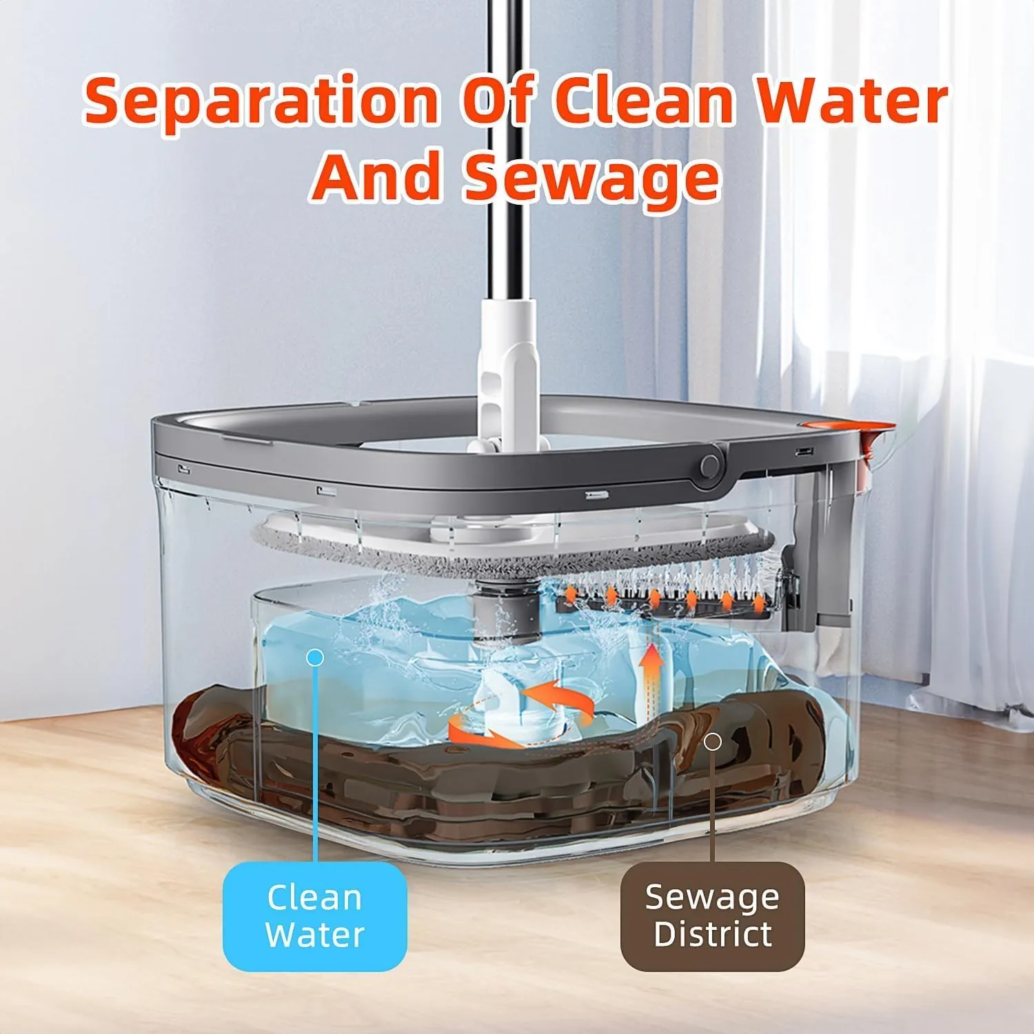 KZKR Spin Mop and Bucket Set with 2 Replaceable Microfiber Mop Pads with Self Separation Dirty and Clean Water System, Self Wringing 360° Rotating Square Mop Head for Hardwood Tile Marble Floors