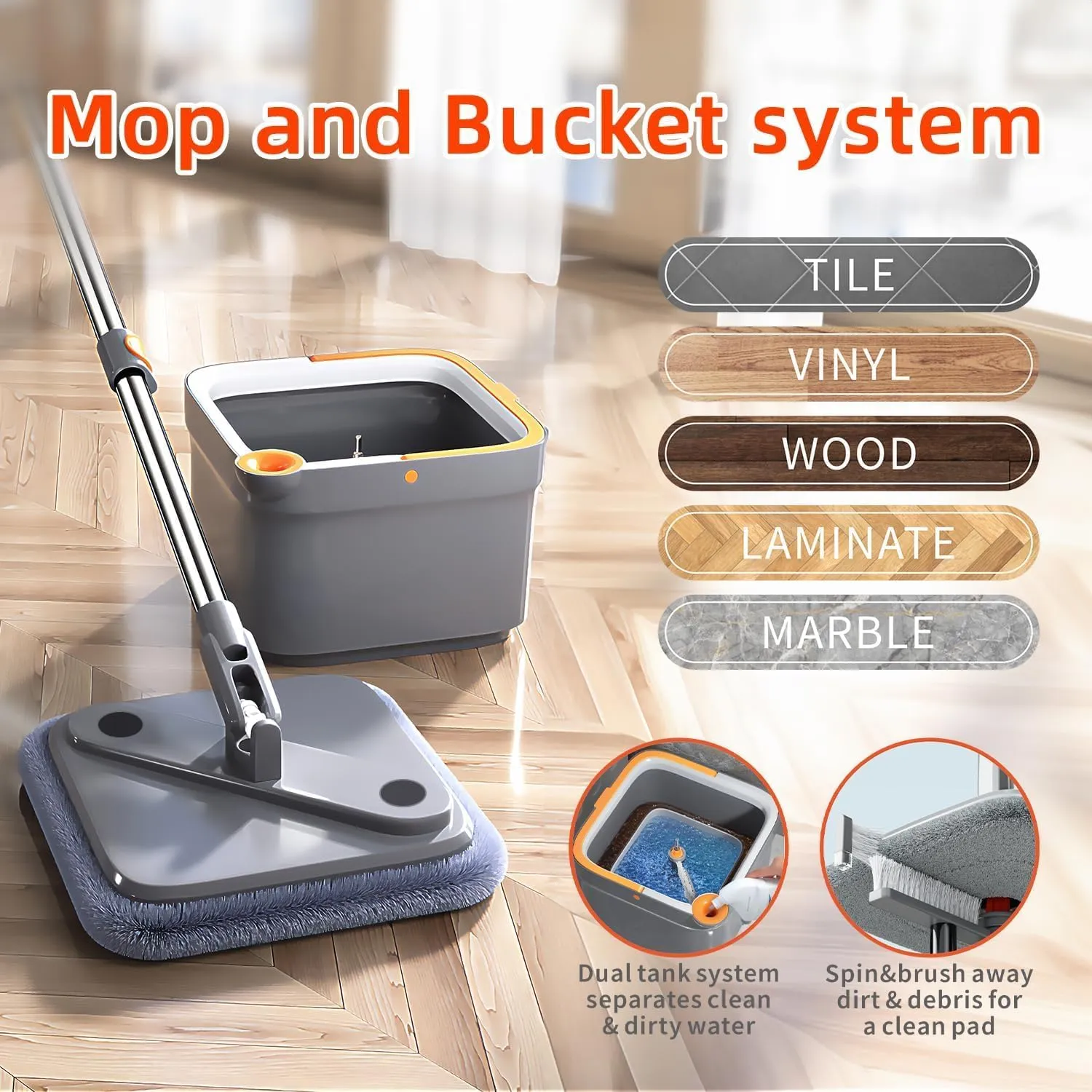 KZKR Spin Mop and Bucket Set with 2 Replaceable Microfiber Mop Pads with Self Separation Dirty and Clean Water System, Self Wringing 360° Rotating Square Mop Head for Hardwood Tile Marble Floors