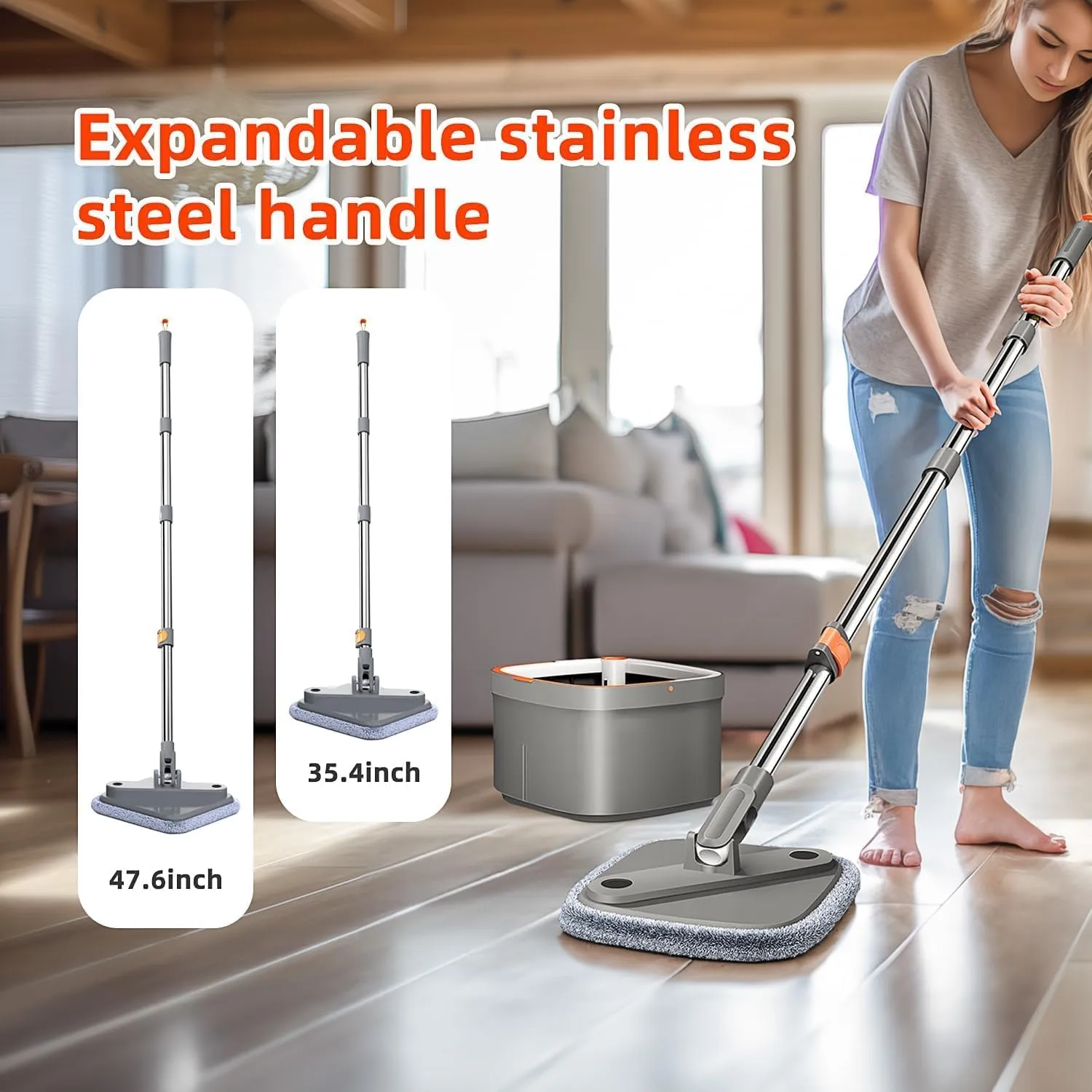 KZKR Spin Mop and Bucket Set with 2 Replaceable Microfiber Mop Pads with Self Separation Dirty and Clean Water System, Self Wringing 360° Rotating Square Mop Head for Hardwood Tile Marble Floors