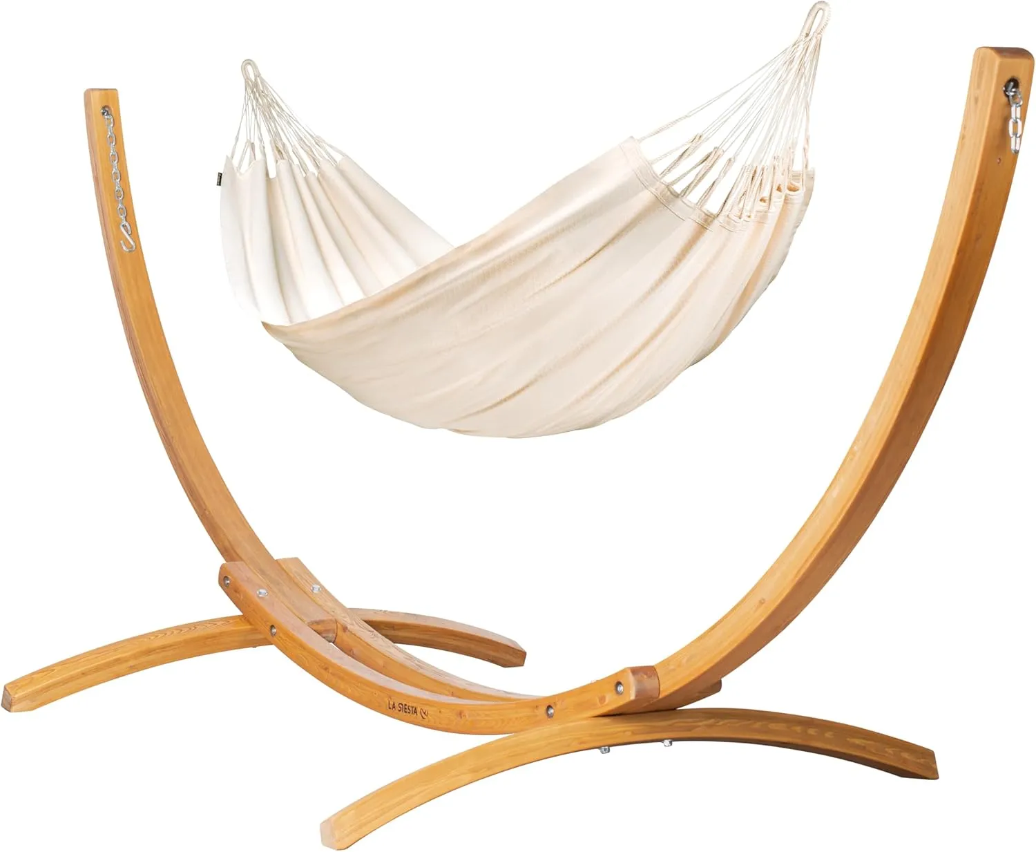 LA SIESTA® Modesta Cotton Hammock & Wood Stand - Indoor Outdoor Hammock with Stand, Larch Wood Stand - Large 2 Person Hammock with Stand for Outside Patio Hammock - Max 355 Lbs, Double Hammock, Latte