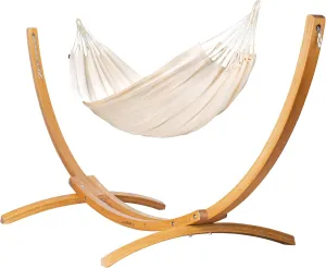 LA SIESTA® Modesta Cotton Hammock & Wood Stand - Indoor Outdoor Hammock with Stand, Larch Wood Stand - Large 2 Person Hammock with Stand for Outside Patio Hammock - Max 355 Lbs, Double Hammock, Latte