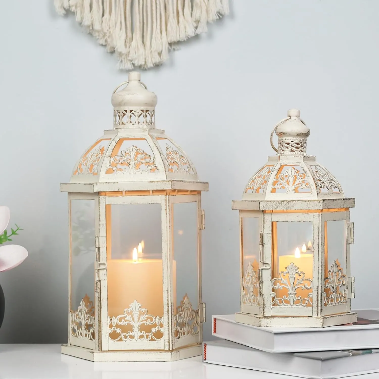 Lanterns Decorative Outdoor&Indoor, Set of 2 (15"&11") Beige Metal Lantern Decor with Glass, Candle Holder for Porch, Patio, Garden, Fall, Wedding, Christmas, Table Centerpiece