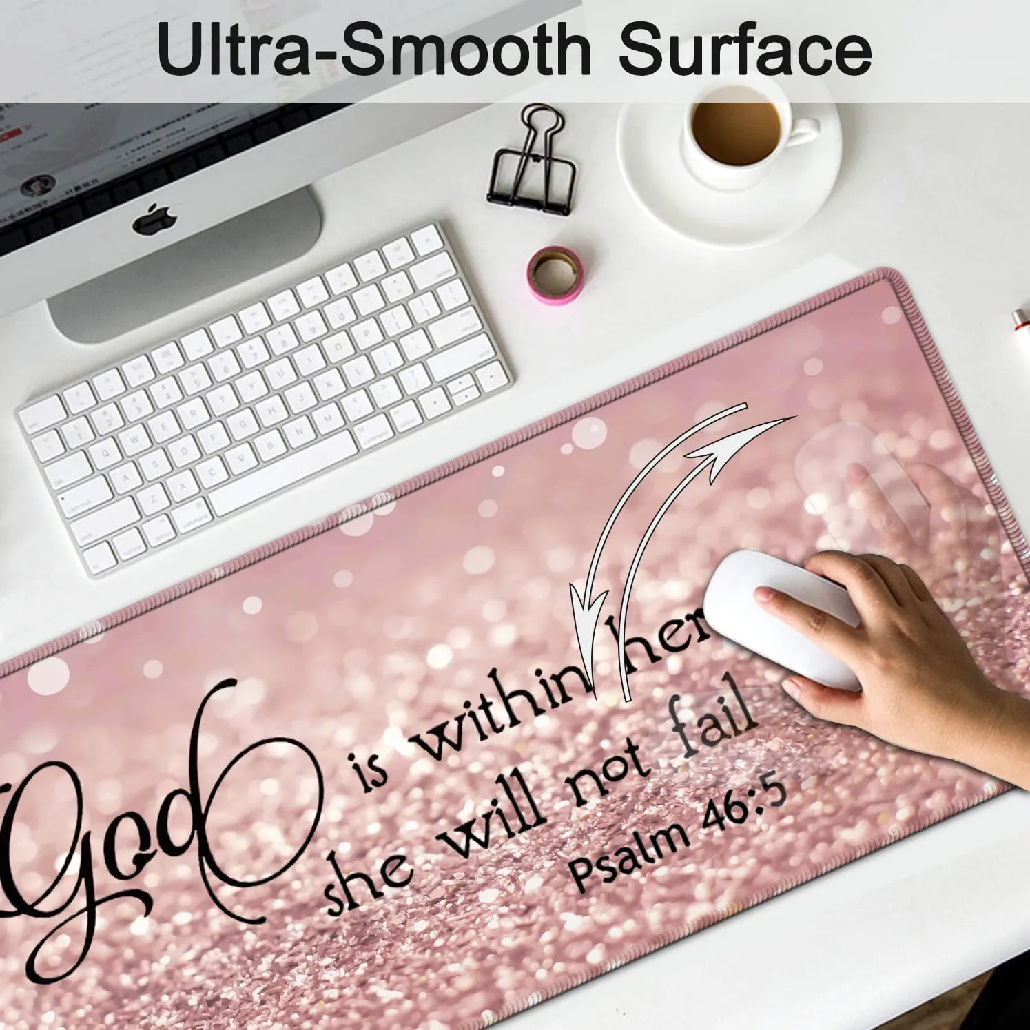 Large Gaming Mouse Pad, Extended Waterproof Desk Pad Protector (31.5" x 11.8") Ergonomics Memory Foam Mouse Wrist Rest Support, for Home Office Laptop Easy Typing, Psalm 46:5 Bible Pink Mouse Mat
