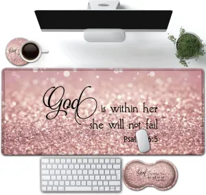 Large Gaming Mouse Pad, Extended Waterproof Desk Pad Protector (31.5" x 11.8") Ergonomics Memory Foam Mouse Wrist Rest Support, for Home Office Laptop Easy Typing, Psalm 46:5 Bible Pink Mouse Mat