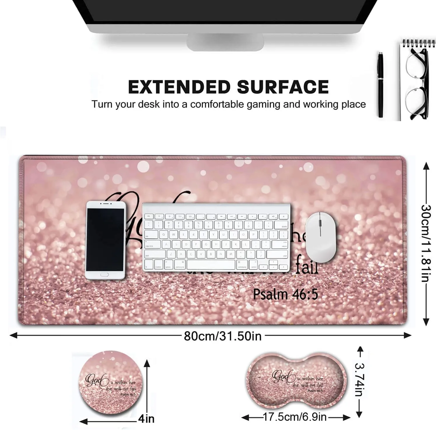 Large Gaming Mouse Pad, Extended Waterproof Desk Pad Protector (31.5" x 11.8") Ergonomics Memory Foam Mouse Wrist Rest Support, for Home Office Laptop Easy Typing, Psalm 46:5 Bible Pink Mouse Mat