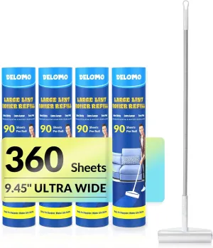 Large Lint Roller - 9.45 in Giant Lint Roller Refill 360 Sheets Total, 45 in Telescopic Pole to Clean Without Bending Down, Sticky Rollers for Floor Cleaning Carpets, Cars, Clothing, Pet Hair