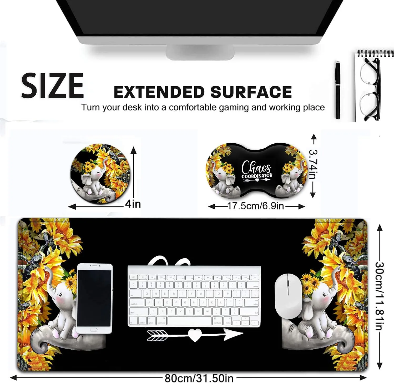 Large Mouse Pad, Extended Office Desk Pad, 31.5x11.8in, Ergonomic Memory Foam Mouse Wrist Rest Support for Home Office Computer Writing Pad Cute Baby Elephants   Sunflowers XXL Black Gaming Mouse Mat