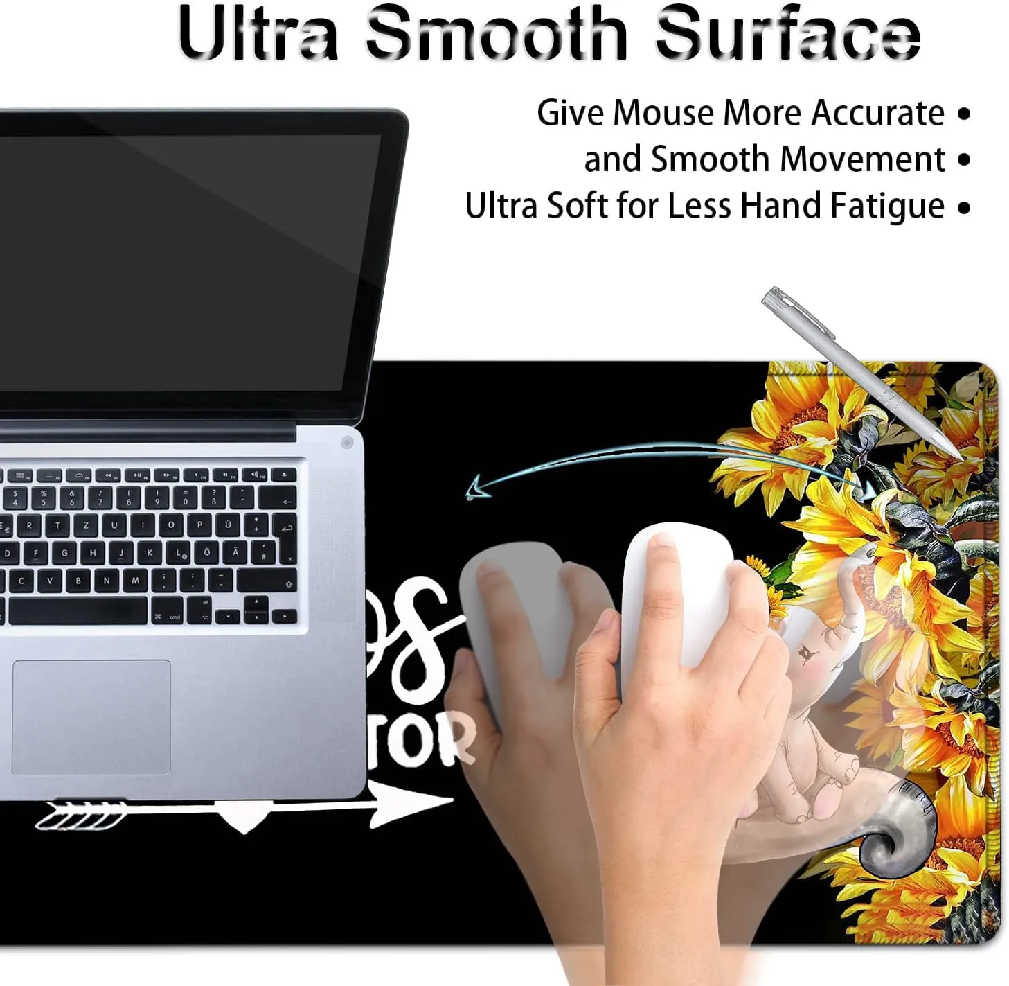 Large Mouse Pad, Extended Office Desk Pad, 31.5x11.8in, Ergonomic Memory Foam Mouse Wrist Rest Support for Home Office Computer Writing Pad Cute Baby Elephants   Sunflowers XXL Black Gaming Mouse Mat
