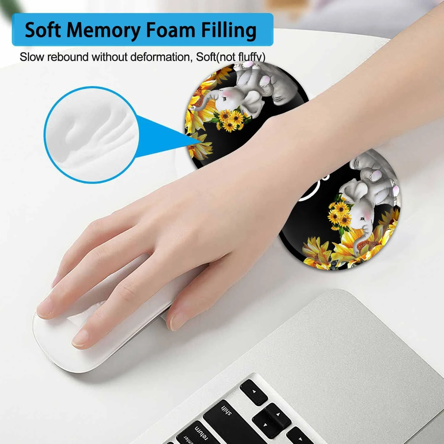 Large Mouse Pad, Extended Office Desk Pad, 31.5x11.8in, Ergonomic Memory Foam Mouse Wrist Rest Support for Home Office Computer Writing Pad Cute Baby Elephants   Sunflowers XXL Black Gaming Mouse Mat