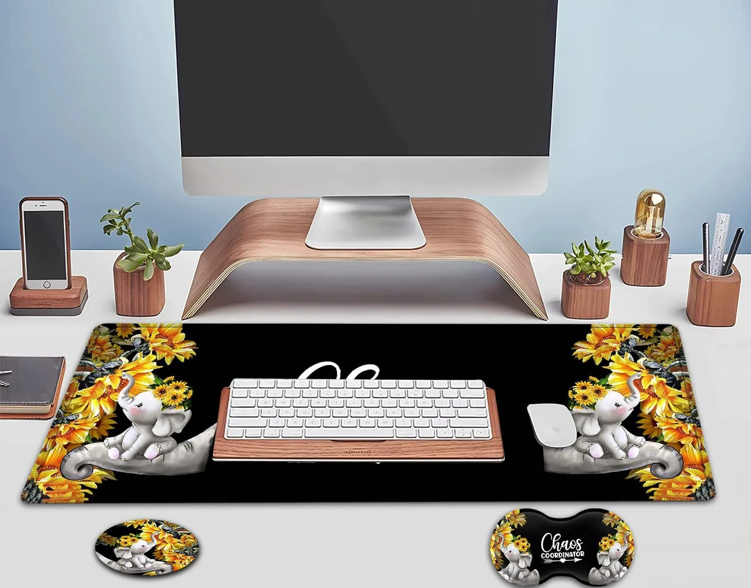 Large Mouse Pad, Extended Office Desk Pad, 31.5x11.8in, Ergonomic Memory Foam Mouse Wrist Rest Support for Home Office Computer Writing Pad Cute Baby Elephants   Sunflowers XXL Black Gaming Mouse Mat
