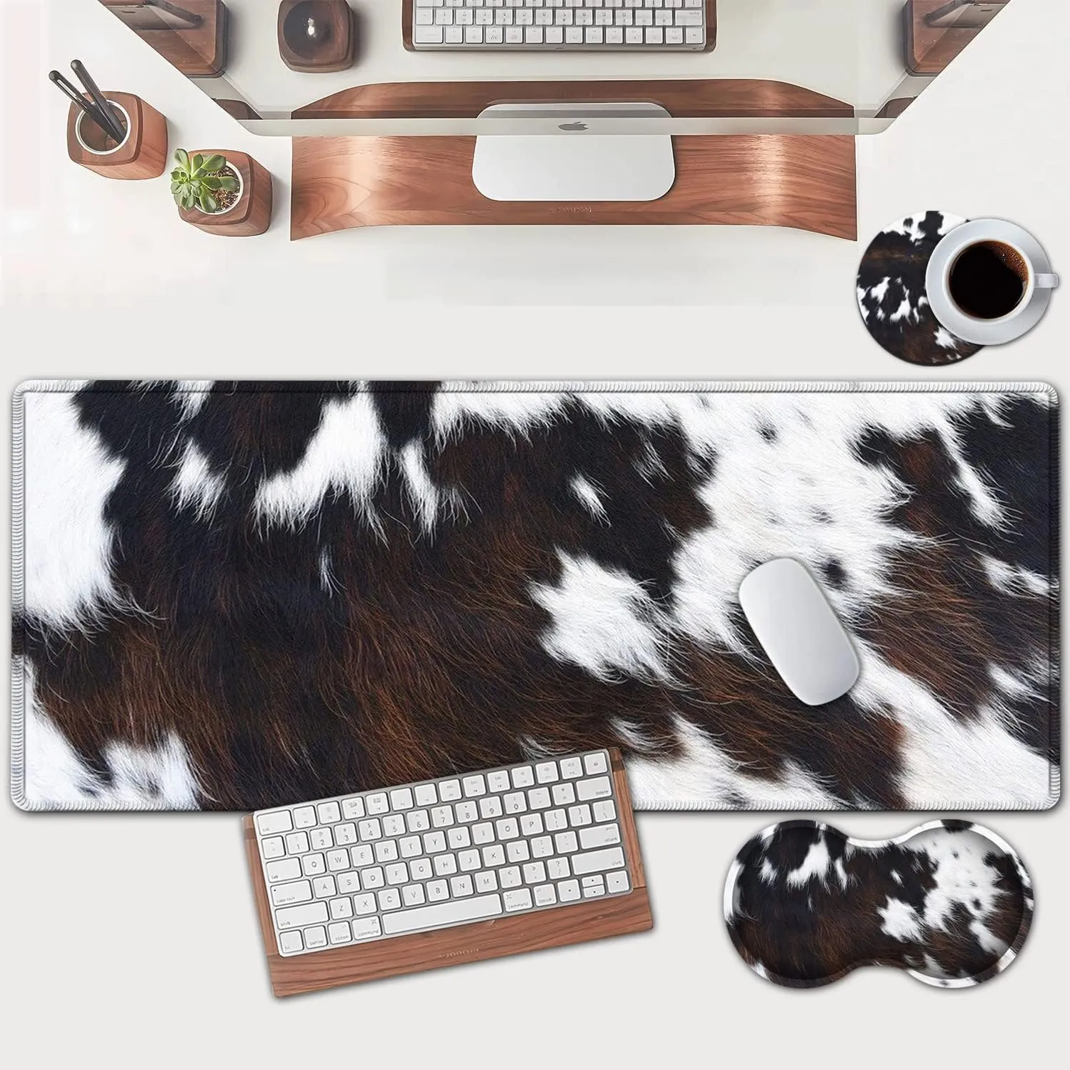 Large Mouse Pad, Extended Office Desk Pad 31.5x11.8in, Ergonomic Memory Foam Mouse Wrist Rest Support for Home Office Computer Writing Pad, Cute Funy Faux Black Brown Cowhide Fur XXL Gaming Mouse Mat