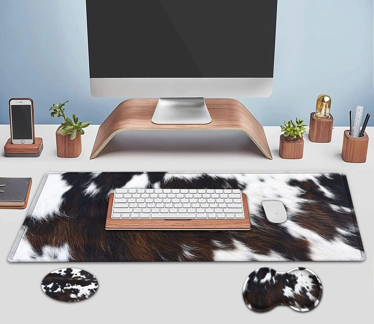 Large Mouse Pad, Extended Office Desk Pad 31.5x11.8in, Ergonomic Memory Foam Mouse Wrist Rest Support for Home Office Computer Writing Pad, Cute Funy Faux Black Brown Cowhide Fur XXL Gaming Mouse Mat
