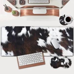 Large Mouse Pad, Extended Office Desk Pad 31.5x11.8in, Ergonomic Memory Foam Mouse Wrist Rest Support for Home Office Computer Writing Pad, Cute Funy Faux Black Brown Cowhide Fur XXL Gaming Mouse Mat