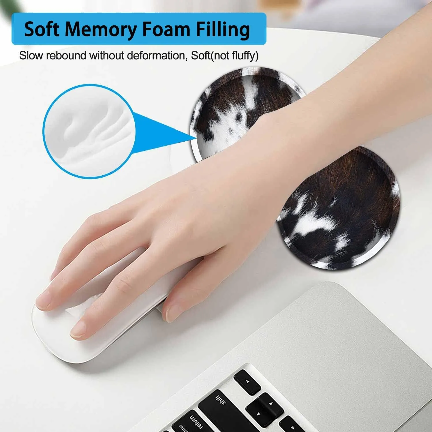 Large Mouse Pad, Extended Office Desk Pad 31.5x11.8in, Ergonomic Memory Foam Mouse Wrist Rest Support for Home Office Computer Writing Pad, Cute Funy Faux Black Brown Cowhide Fur XXL Gaming Mouse Mat