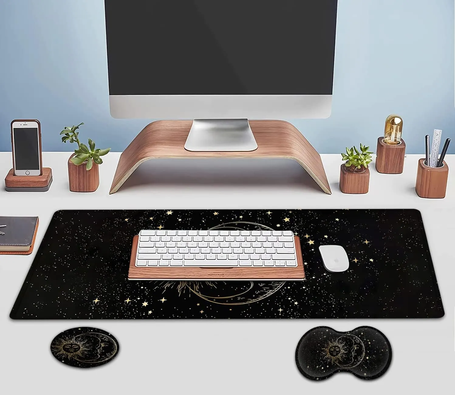 Large Mouse Pad, Extended Office Desk Pad 31.5x11.8in, Ergonomic Memory Foam Mouse Wrist Rest Support for Home Office Computer Writing Pad, Cute Funy Sun Moon Star Pattern XXL Black Gaming Mouse Mat