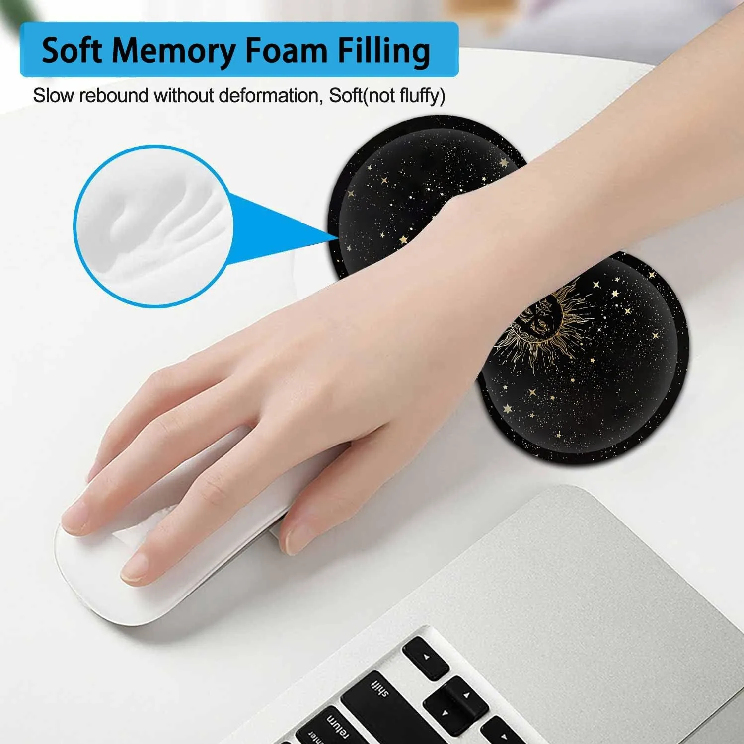 Large Mouse Pad, Extended Office Desk Pad 31.5x11.8in, Ergonomic Memory Foam Mouse Wrist Rest Support for Home Office Computer Writing Pad, Cute Funy Sun Moon Star Pattern XXL Black Gaming Mouse Mat