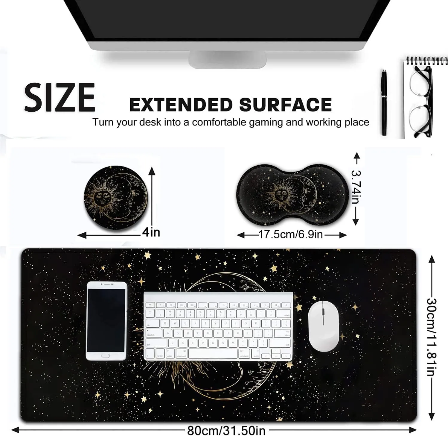Large Mouse Pad, Extended Office Desk Pad 31.5x11.8in, Ergonomic Memory Foam Mouse Wrist Rest Support for Home Office Computer Writing Pad, Cute Funy Sun Moon Star Pattern XXL Black Gaming Mouse Mat