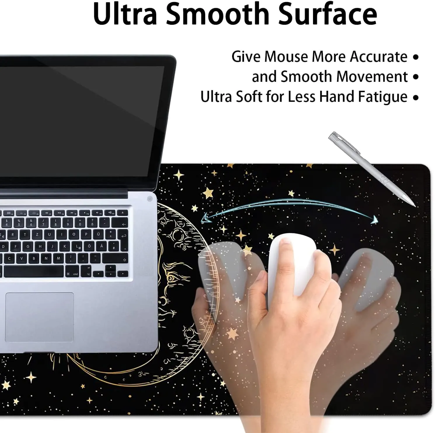 Large Mouse Pad, Extended Office Desk Pad 31.5x11.8in, Ergonomic Memory Foam Mouse Wrist Rest Support for Home Office Computer Writing Pad, Cute Funy Sun Moon Star Pattern XXL Black Gaming Mouse Mat