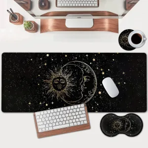 Large Mouse Pad, Extended Office Desk Pad 31.5x11.8in, Ergonomic Memory Foam Mouse Wrist Rest Support for Home Office Computer Writing Pad, Cute Funy Sun Moon Star Pattern XXL Black Gaming Mouse Mat
