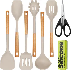 Large Silicone Cooking Utensils Set 7 Pcs, Wooden Handles Heat Resistant Cooking Utensils Set, Food Grade Silicone Kitchen Utensils Set with Holder, Gadgets BPA Free for Non-Stick Cookware