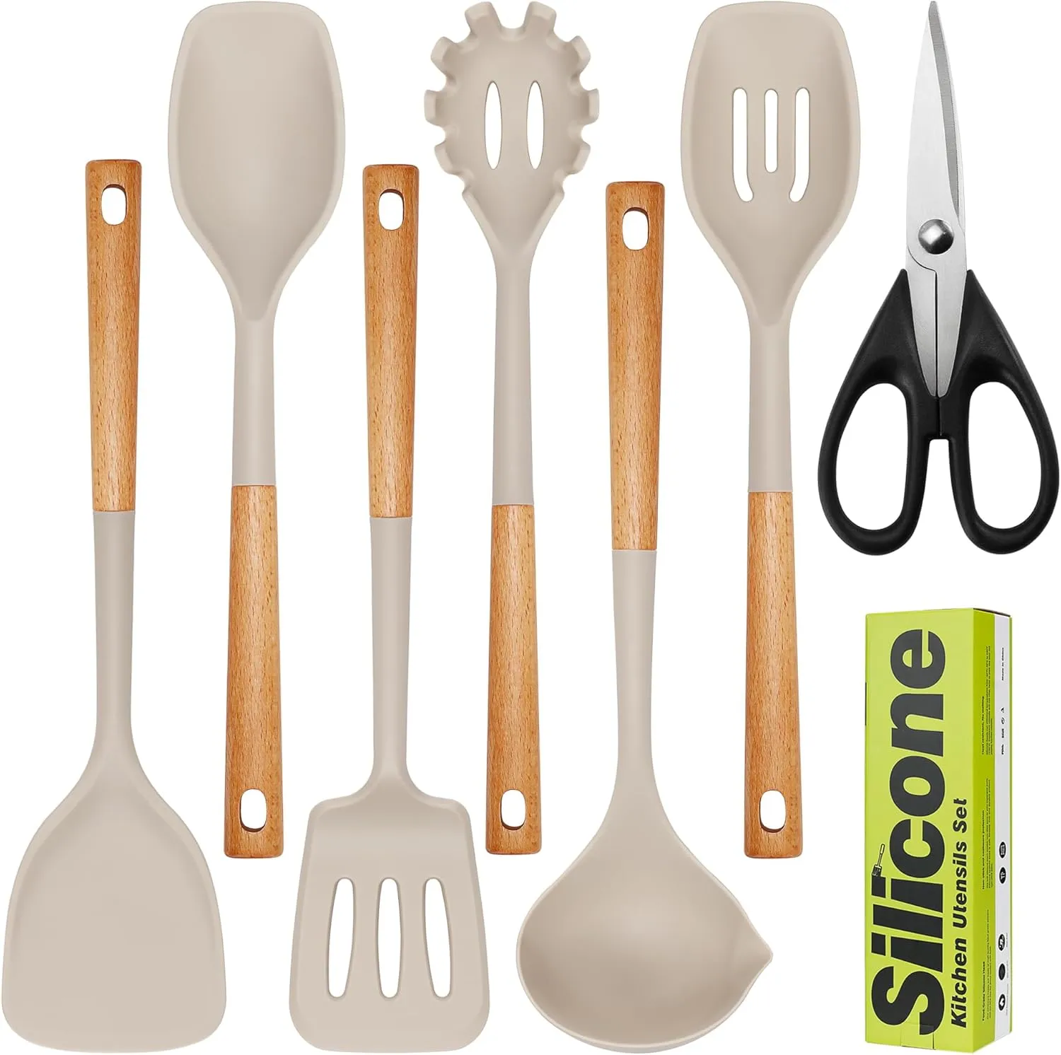 Large Silicone Cooking Utensils Set 7 Pcs, Wooden Handles Heat Resistant Cooking Utensils Set, Food Grade Silicone Kitchen Utensils Set with Holder, Gadgets BPA Free for Non-Stick Cookware