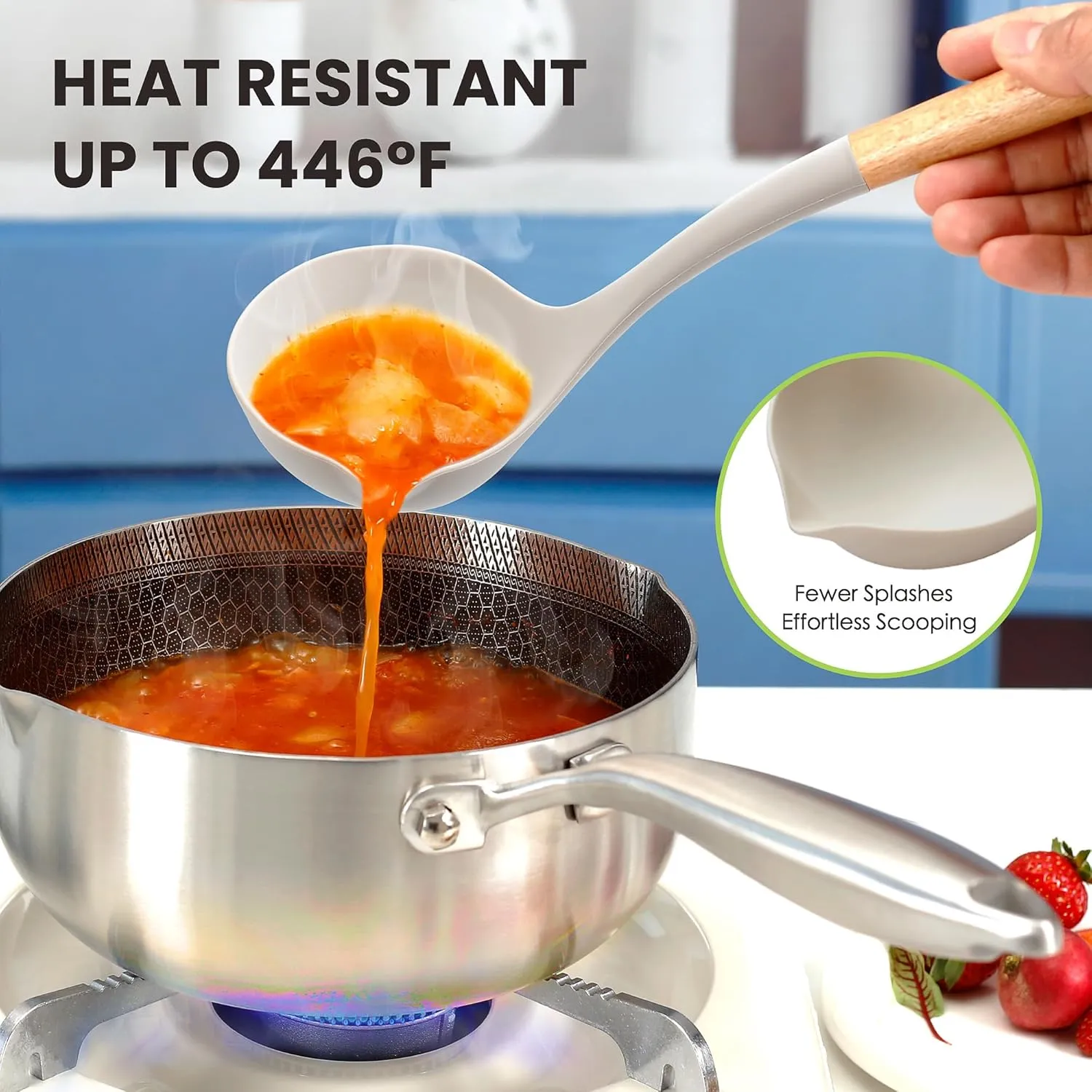Large Silicone Cooking Utensils Set 7 Pcs, Wooden Handles Heat Resistant Cooking Utensils Set, Food Grade Silicone Kitchen Utensils Set with Holder, Gadgets BPA Free for Non-Stick Cookware