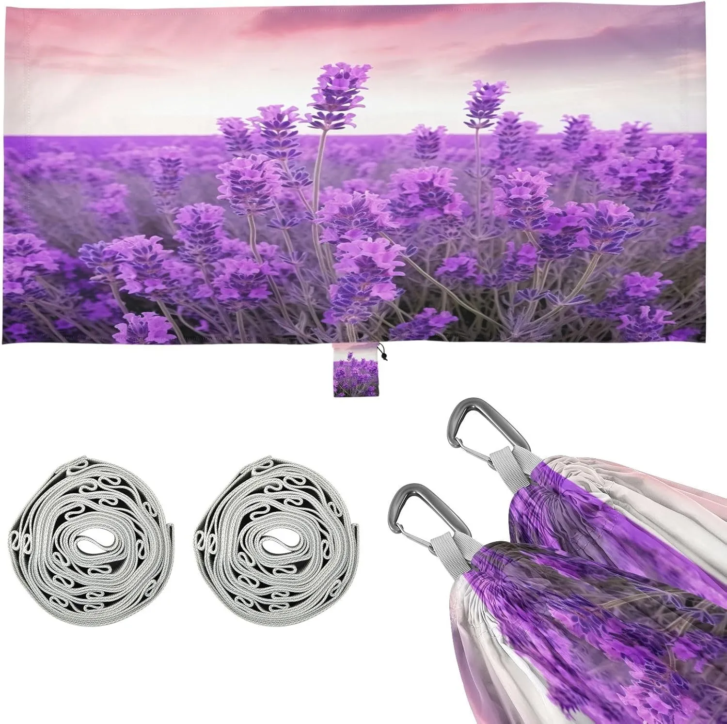 Lavender Flower Camping Hammock, Single Portable Hammocks with Tree Straps & Attached Carry Bag, 330Lbs Capacity Perfect for Outside Indoor Hiking Beach Backpack Travel