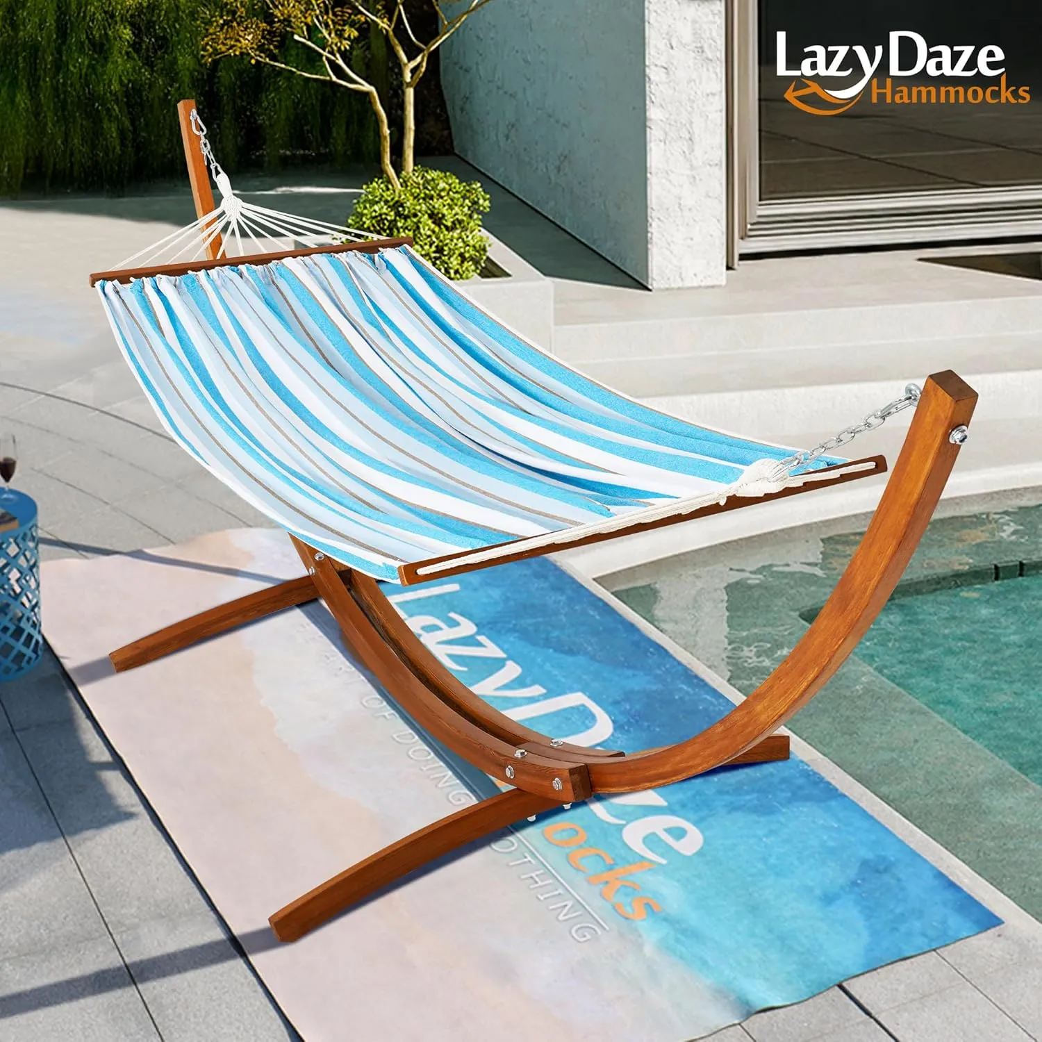 Lazy Daze Hammocks Cotton Fabric Spreader Bar Hammock and 10.5 Ft Wood Arc Hammock Stand Combo, for Indoor, Outdoor, Patio, Backyard, Blue and White