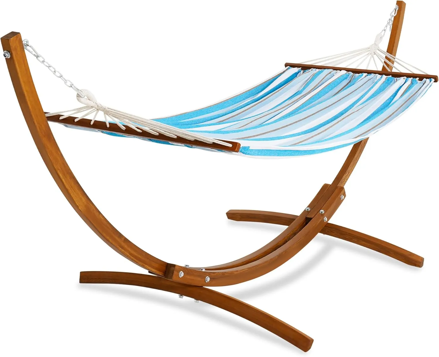 Lazy Daze Hammocks Cotton Fabric Spreader Bar Hammock and 10.5 Ft Wood Arc Hammock Stand Combo, for Indoor, Outdoor, Patio, Backyard, Blue and White