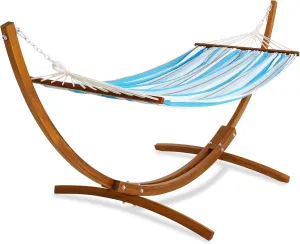 Lazy Daze Hammocks Cotton Fabric Spreader Bar Hammock and 10.5 Ft Wood Arc Hammock Stand Combo, for Indoor, Outdoor, Patio, Backyard, Blue and White