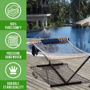 Lazy Daze Hammocks Double Rope Hammock with Stand Include, 12 Feet Traditional Cotton Rope with Pillow for Outside, Backyard, Patio, Garden, Blue Pillow