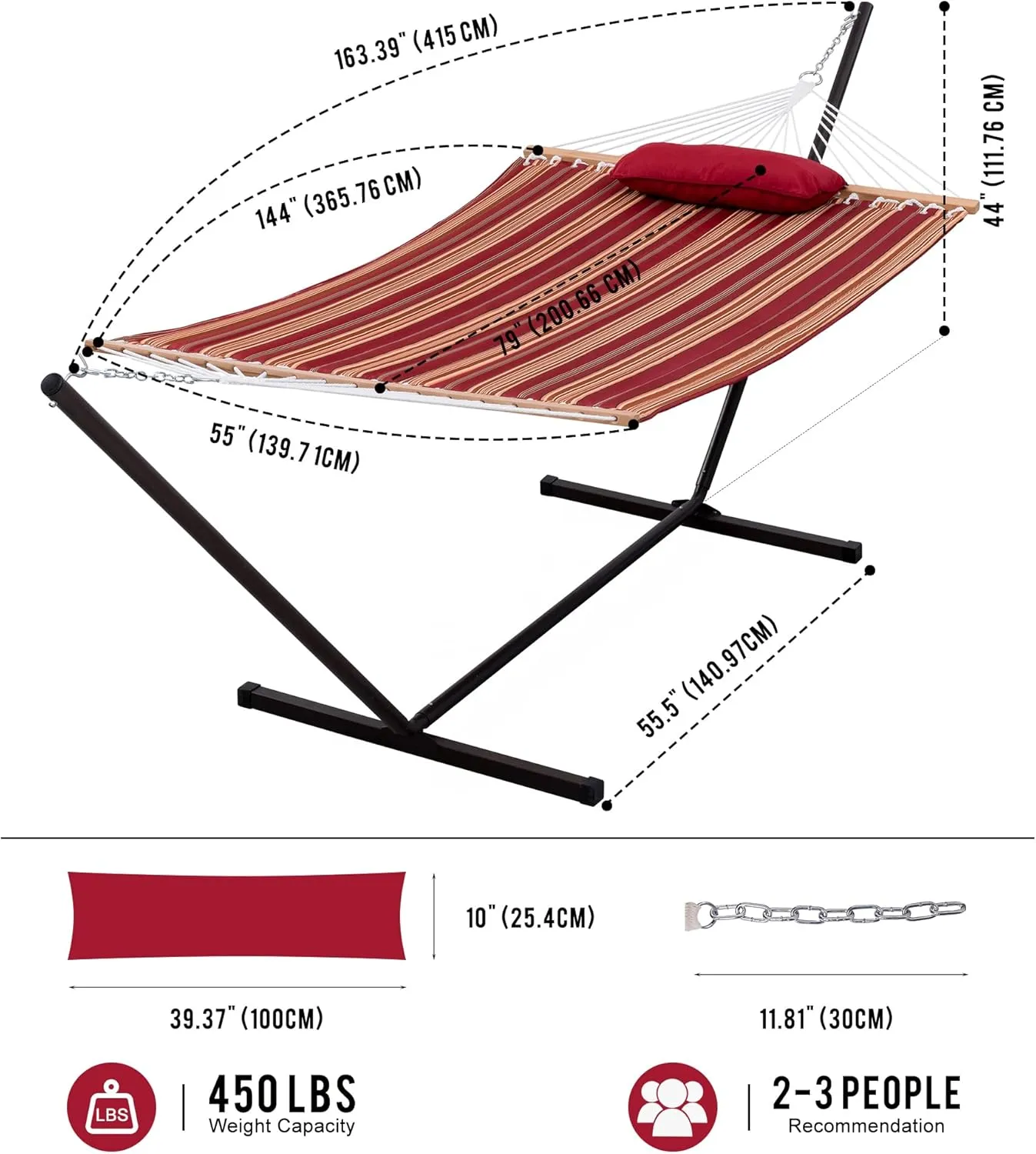 Lazy Daze hammocks Quilted Fabric Hammock with 12 Feet Stand, 2 People Double Hammock with Stand for Outdoor Indoor Patio Garden Backyard, 450 lbs Capacity, (Red&Brown Stripe)