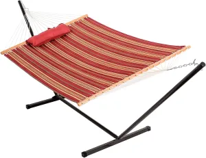 Lazy Daze hammocks Quilted Fabric Hammock with 12 Feet Stand, 2 People Double Hammock with Stand for Outdoor Indoor Patio Garden Backyard, 450 lbs Capacity, (Red&Brown Stripe)