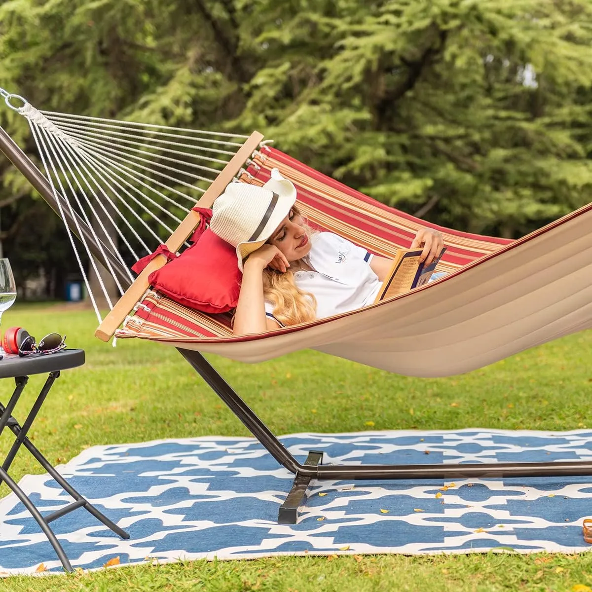 Lazy Daze hammocks Quilted Fabric Hammock with 12 Feet Stand, 2 People Double Hammock with Stand for Outdoor Indoor Patio Garden Backyard, 450 lbs Capacity, (Red&Brown Stripe)