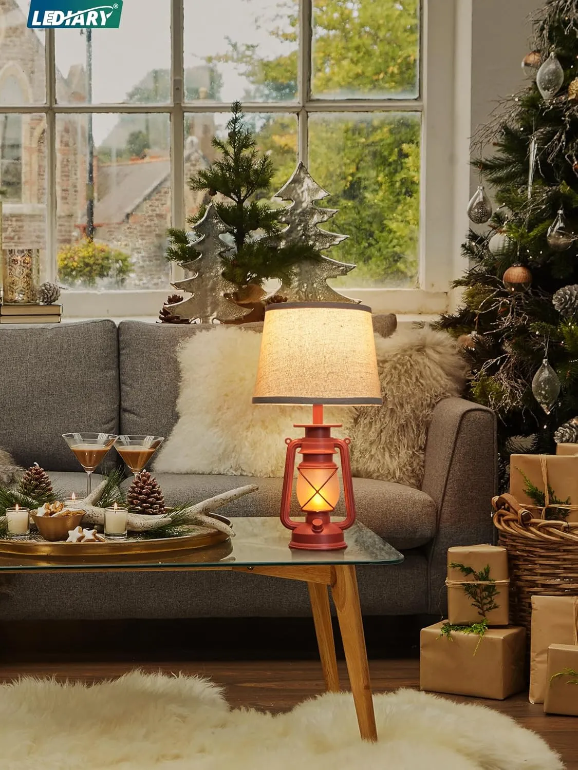 LEDIARY 18.72" Red LED Lantern Flickering Flame Table Lamps for Bedrooms Set of 2, Small Farmhouse Rustic End Table Lamps, Christmas Decorative Lantern Bedside Lamps for Living Room