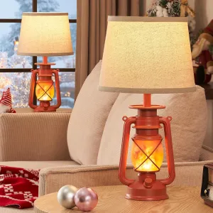 LEDIARY 18.72" Red LED Lantern Flickering Flame Table Lamps for Bedrooms Set of 2, Small Farmhouse Rustic End Table Lamps, Christmas Decorative Lantern Bedside Lamps for Living Room
